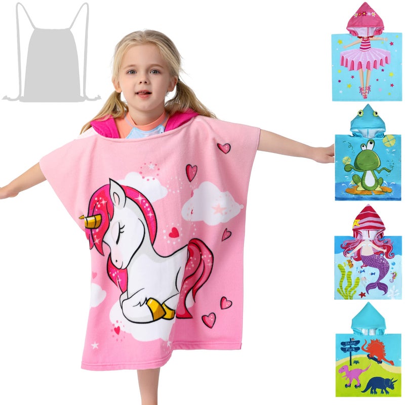 Athaelay Kids Hooded Poncho Towel for Girls, Toddlers Bath Beach Pool Swim Towels with Hood Cover-ups Swimwear (3D Unicorn with Bag) - Image 1
